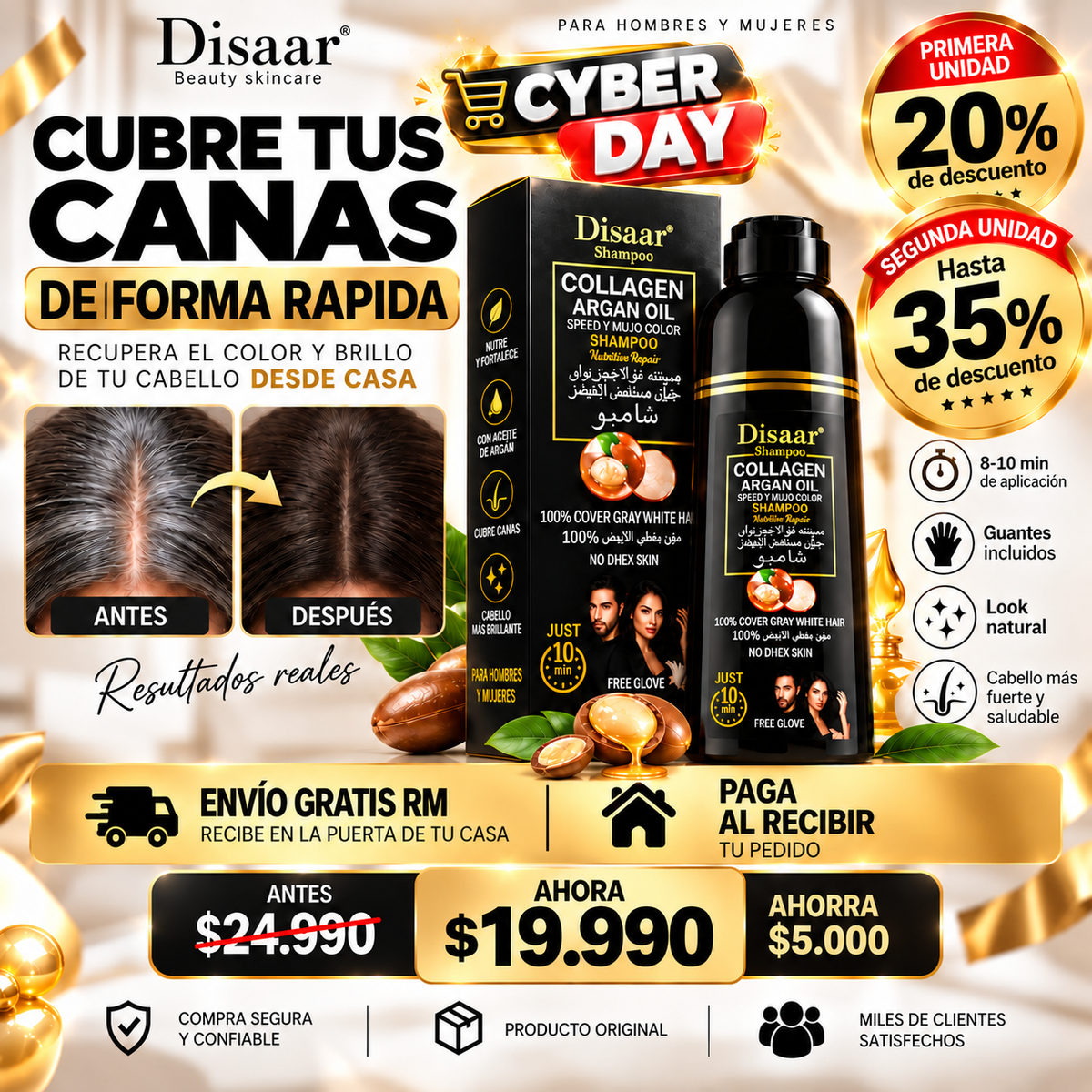 🖤 Shampoo Cubre Canas GrayCover™ Resultado natural en 10 minutos